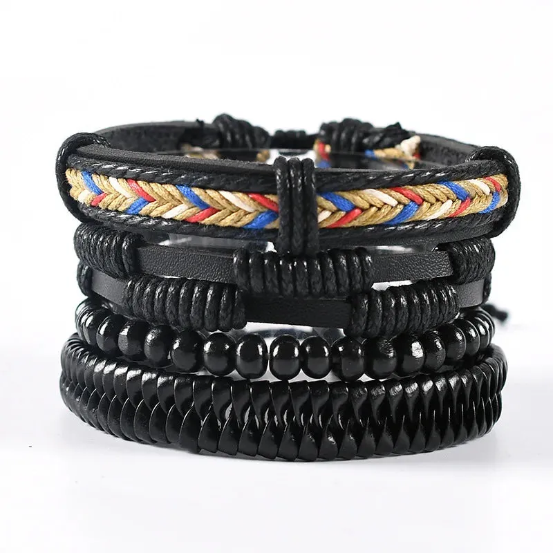 4Pcs/ Set Braided Wrap Leather Bracelets for Men Vintage Life Tree Rudder Charm Wood Beads Ethnic Tribal Wristband Rope Bracelet