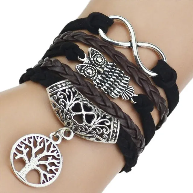 7 Colors 2017 New Fashion Leather Bracelets & Bangles Silver Owl Tree Love Bracelets for Women Men Hot Sale Fashion Jewelry