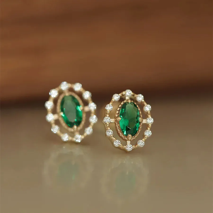 925 Sterling Silver Stud Earrings Charm Jewelry - Emerald Zircon Oval - Xm360