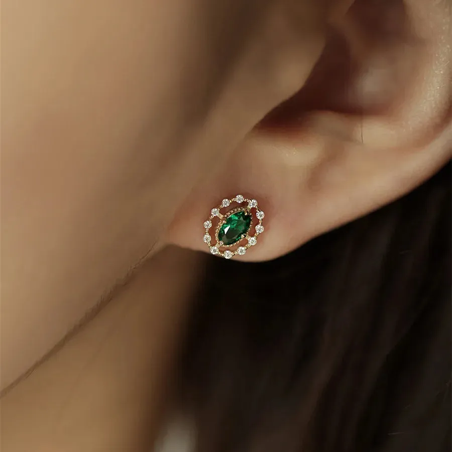 925 Sterling Silver Stud Earrings Charm Jewelry - Emerald Zircon Oval - Xm360