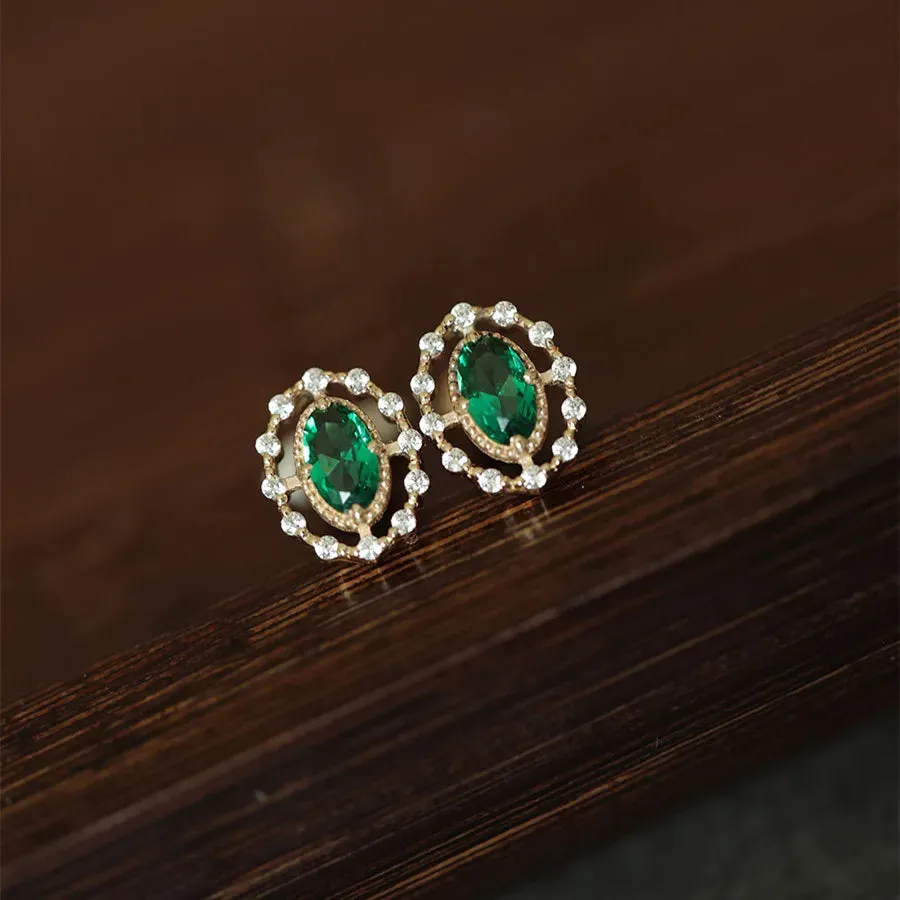 925 Sterling Silver Stud Earrings Charm Jewelry - Emerald Zircon Oval - Xm360