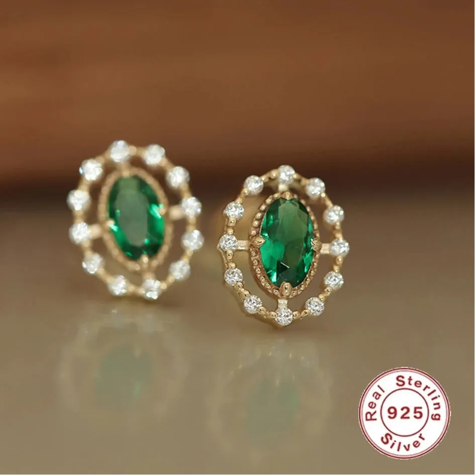 925 Sterling Silver Stud Earrings Charm Jewelry - Emerald Zircon Oval - Xm360