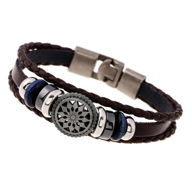 AMOURJOUX Pattern Charms Braided Brown White Black Leather Wristband Bracelet For Women Men Charm Bracelets Male Female