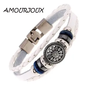 AMOURJOUX Pattern Charms Braided Brown White Black Leather Wristband Bracelet For Women Men Charm Bracelets Male Female