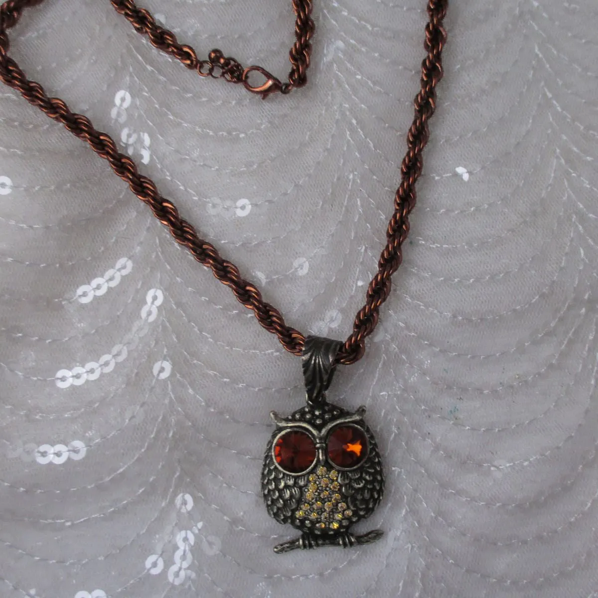 Antique Brass Owl Pendant on Copper Chain Necklace