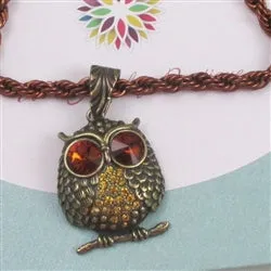 Antique Brass Owl Pendant on Copper Chain Necklace