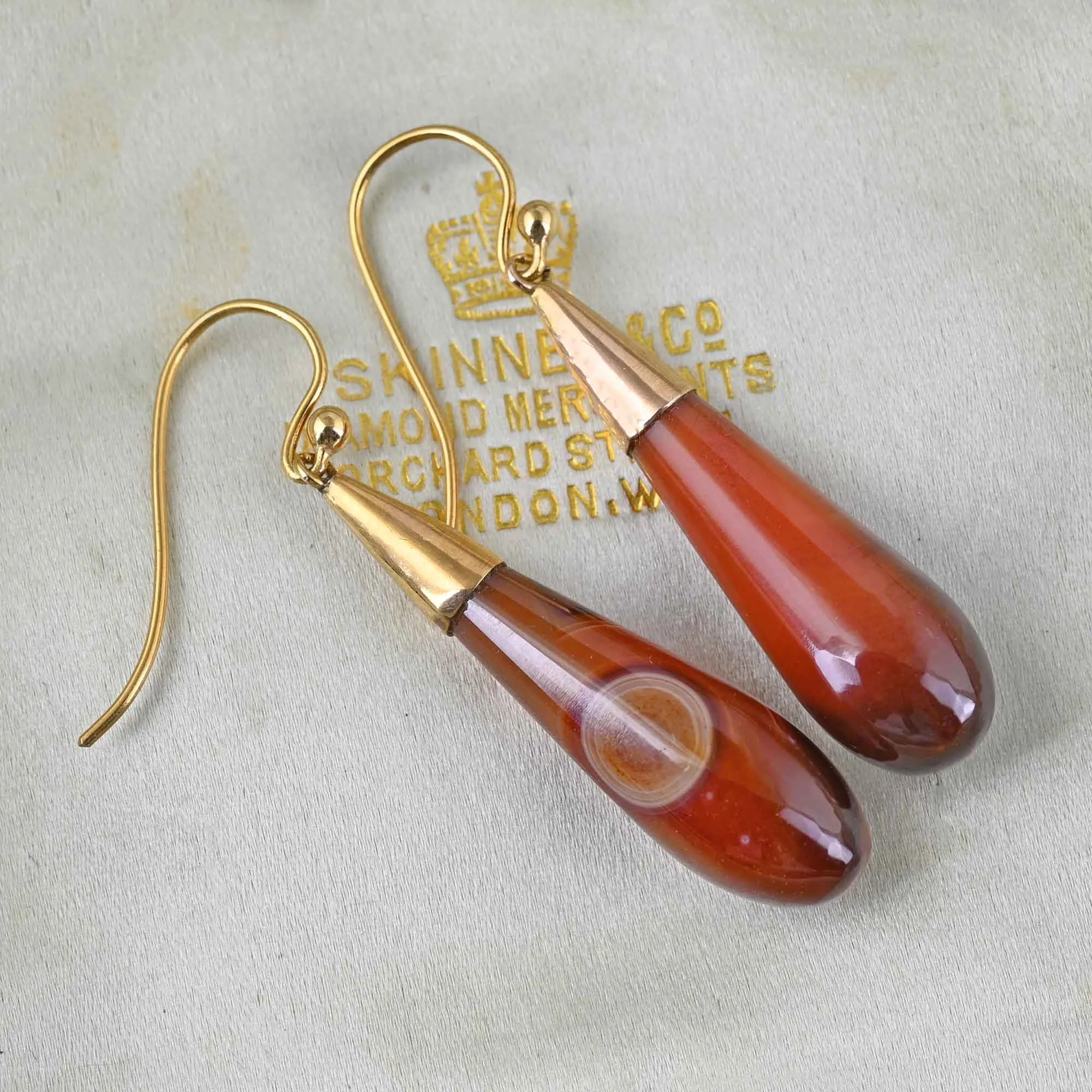 Antique Gold Banded Agate Torpedo Earrings