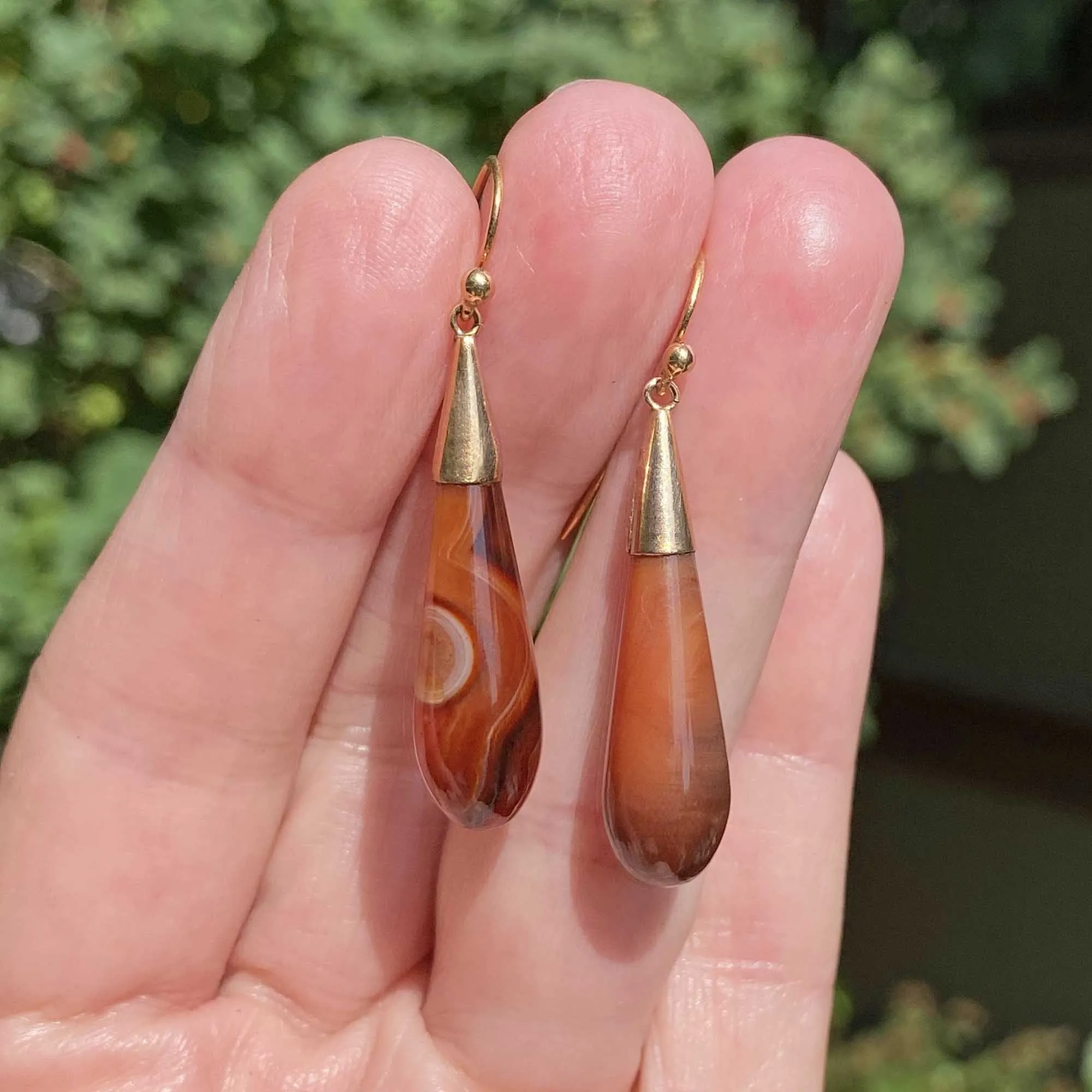 Antique Gold Banded Agate Torpedo Earrings