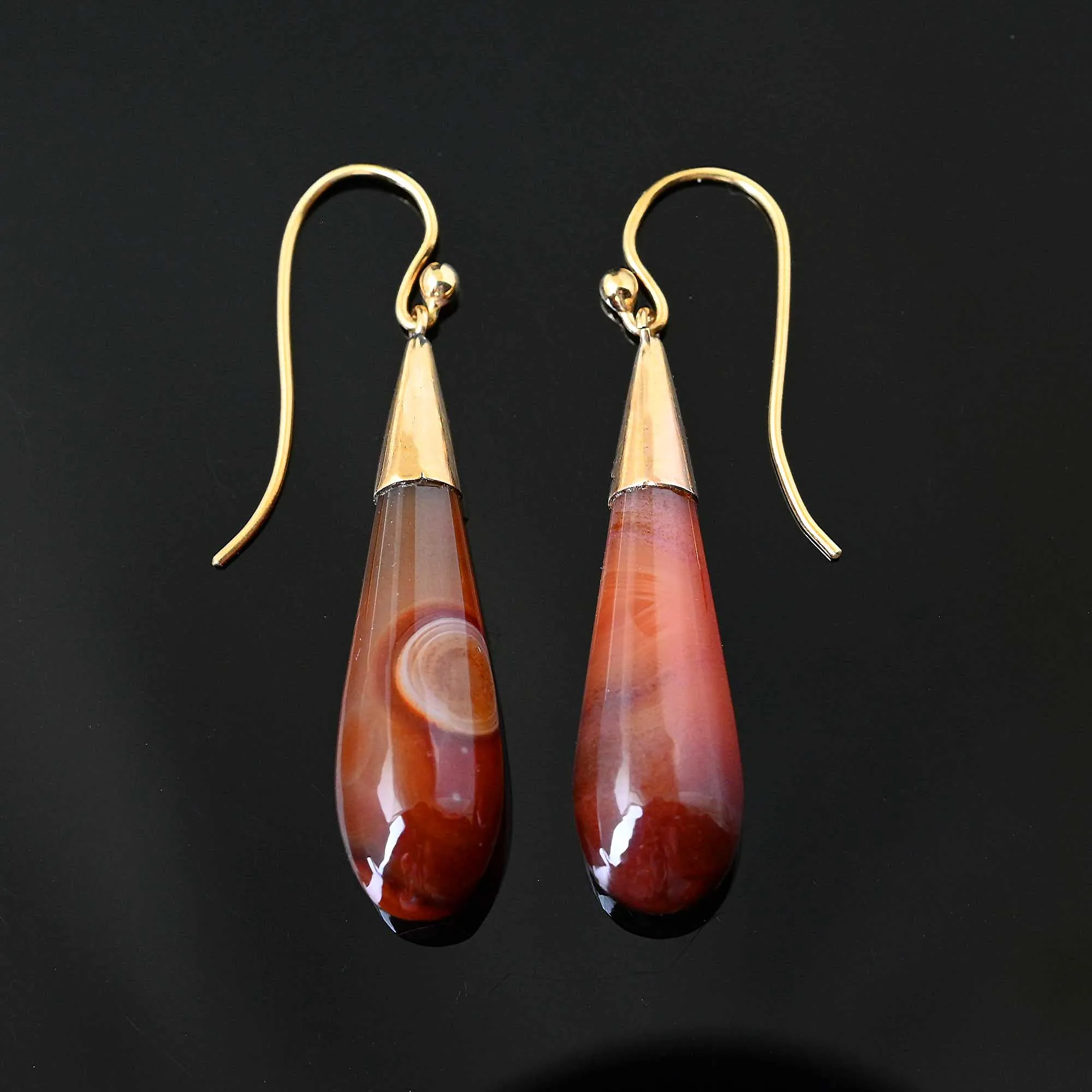 Antique Gold Banded Agate Torpedo Earrings