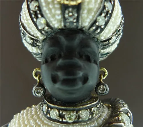 Antique Venetian Blackamoor Brooch/Pendant in 18K Yellow Gold, Silver, Seed Pearls, and Diamonds