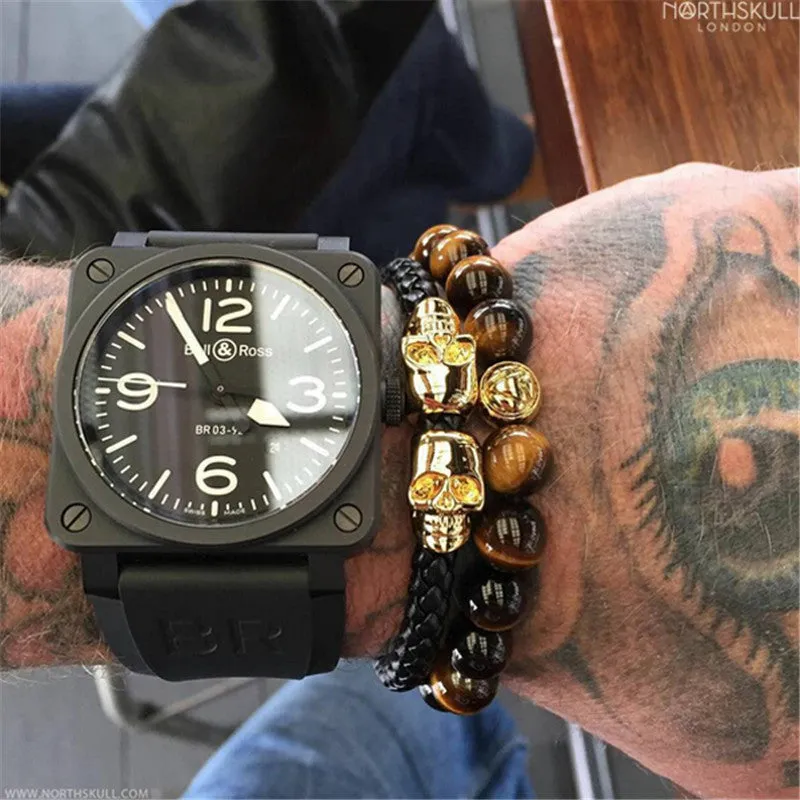 Black Genuine Leather Double Skeleton Skull Charm Bracelet For Men Gift Magnet Punk Rock Jewelry