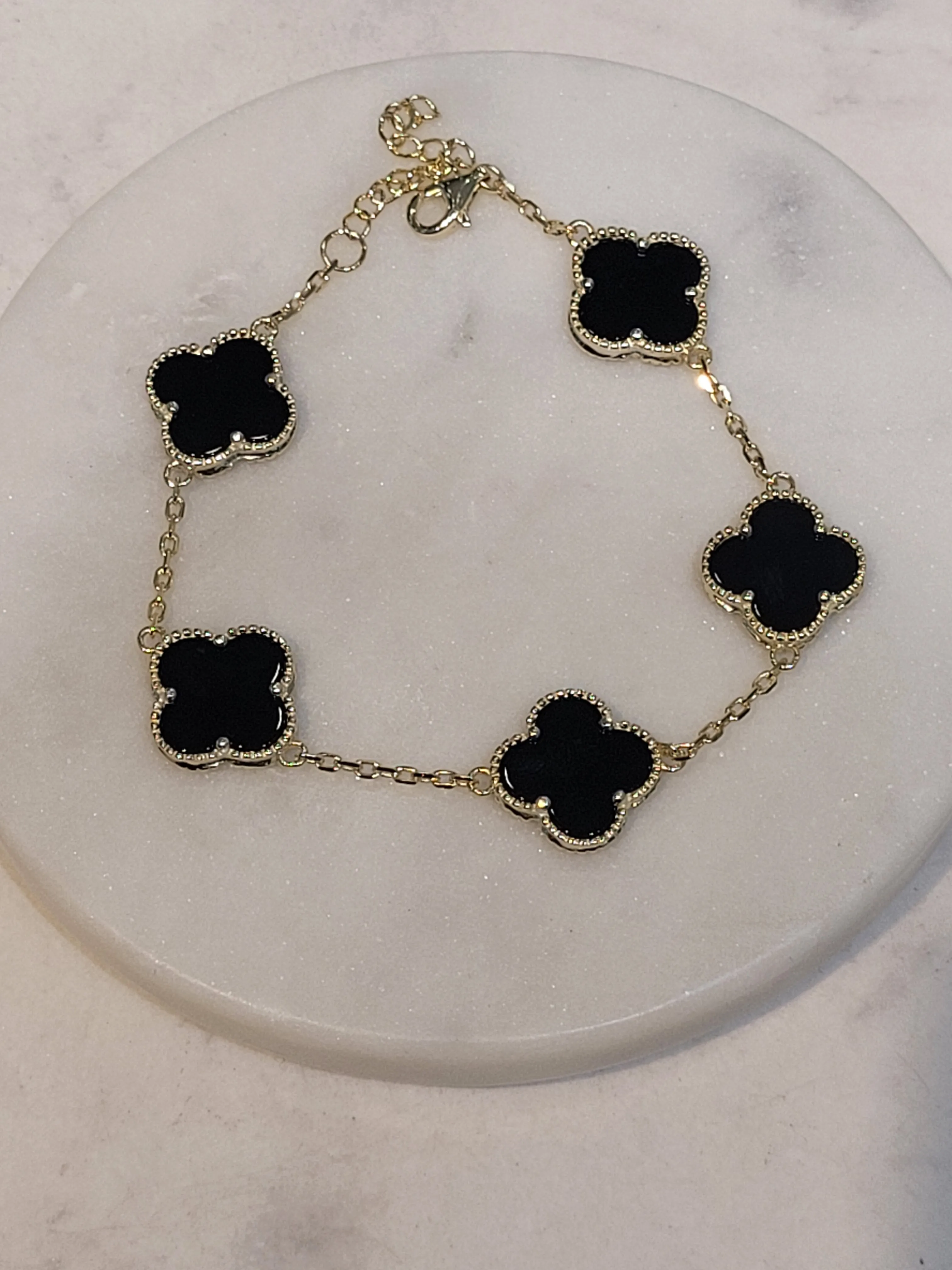 Black onyx 5 station clover bracelet