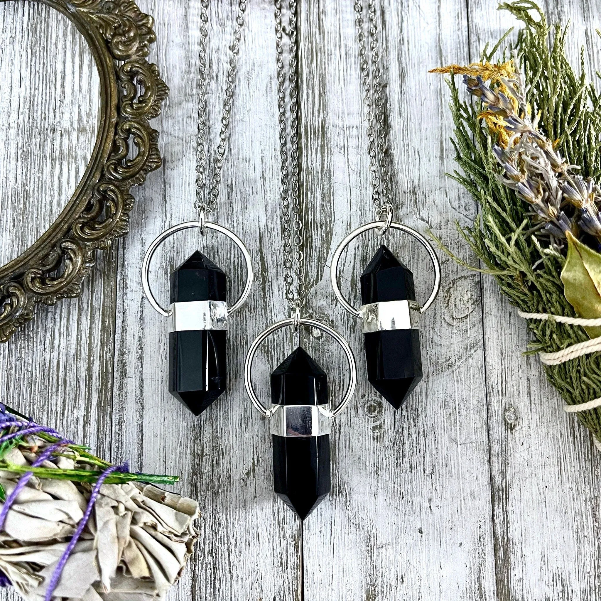 Black Onyx Crystal Point Necklace in Sterling Silver  -Designed by FOXLARK Collection / Witchy Necklace Goth Jewelry