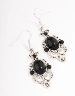 Black Oval Ornate Drop Earrings