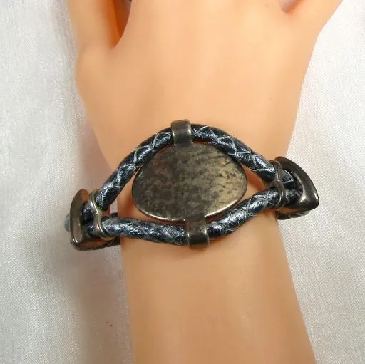 Braided Grey Leather Bracelet in Metallic Silver