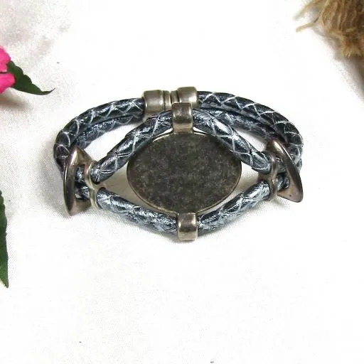 Braided Grey Leather Bracelet in Metallic Silver