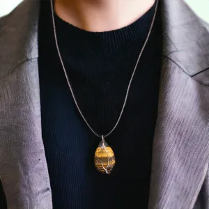 Brown Gemstone Pendant Wrapped w/ Silver Tree of Life