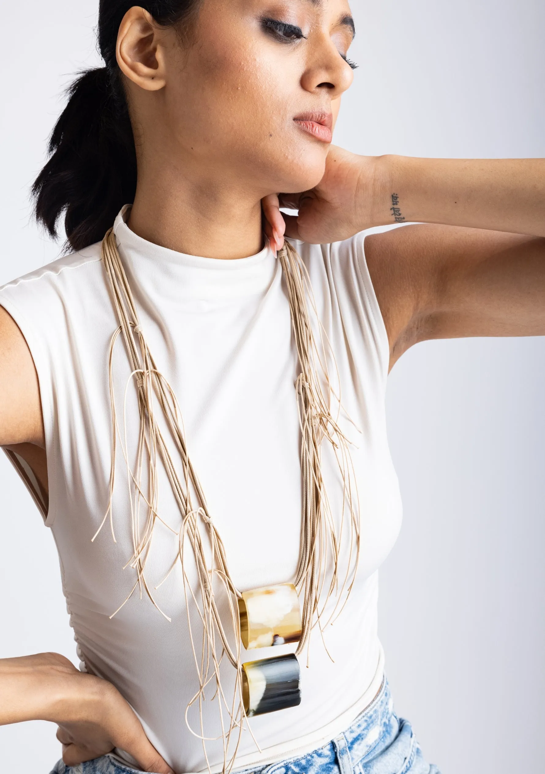 Bunched Beige Cord with Ivory-Honey-Dark Buffalo Horn Pendant Necklace