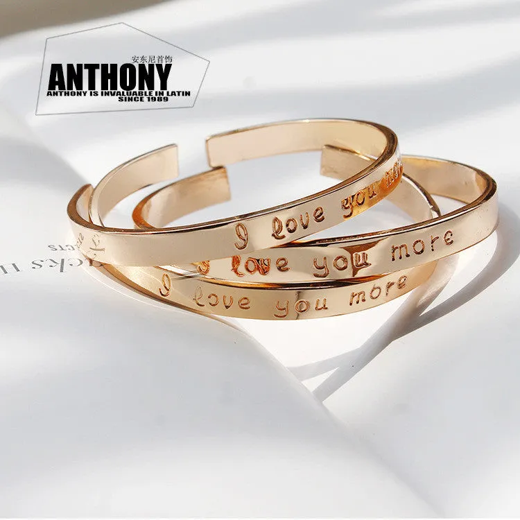 Carving Letter "I love you more" Heart Hollow Simple Creative Lovers Bangles Armreif bijoux pulseras Opening Bracelet Jewelry