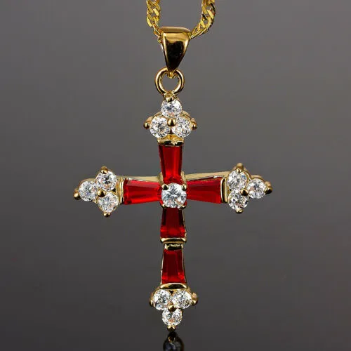 Created Garnet Topaz Cross Pendant Necklace