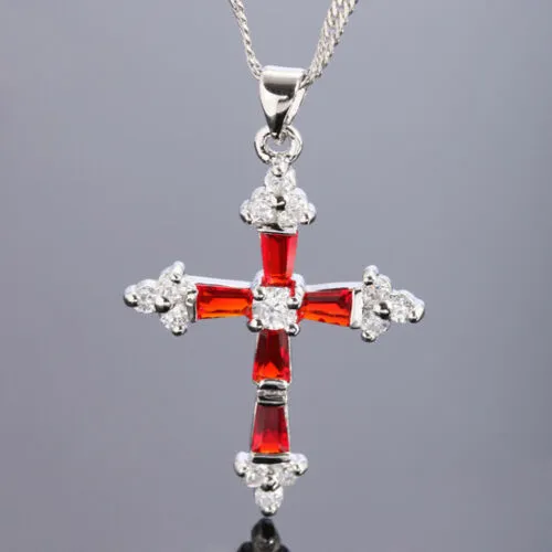 Created Garnet Topaz Cross Pendant Necklace