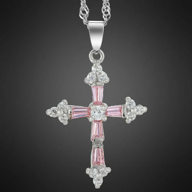 Created Garnet Topaz Cross Pendant Necklace