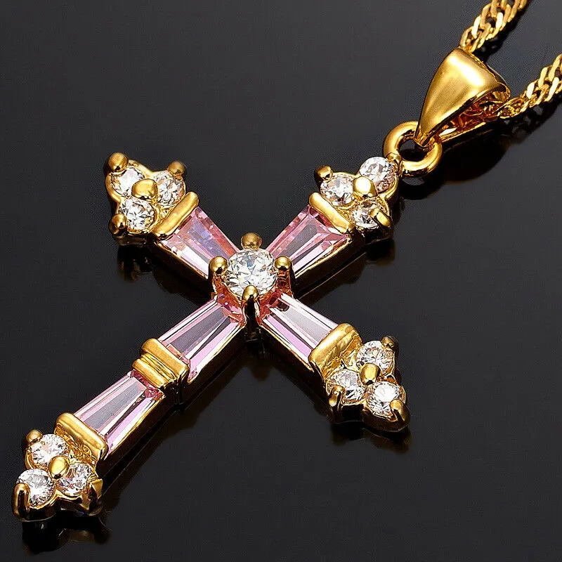 Created Garnet Topaz Cross Pendant Necklace