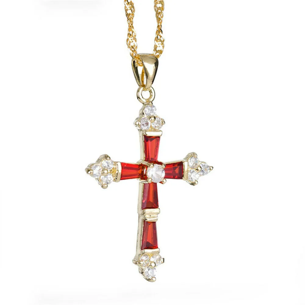 Created Garnet Topaz Cross Pendant Necklace