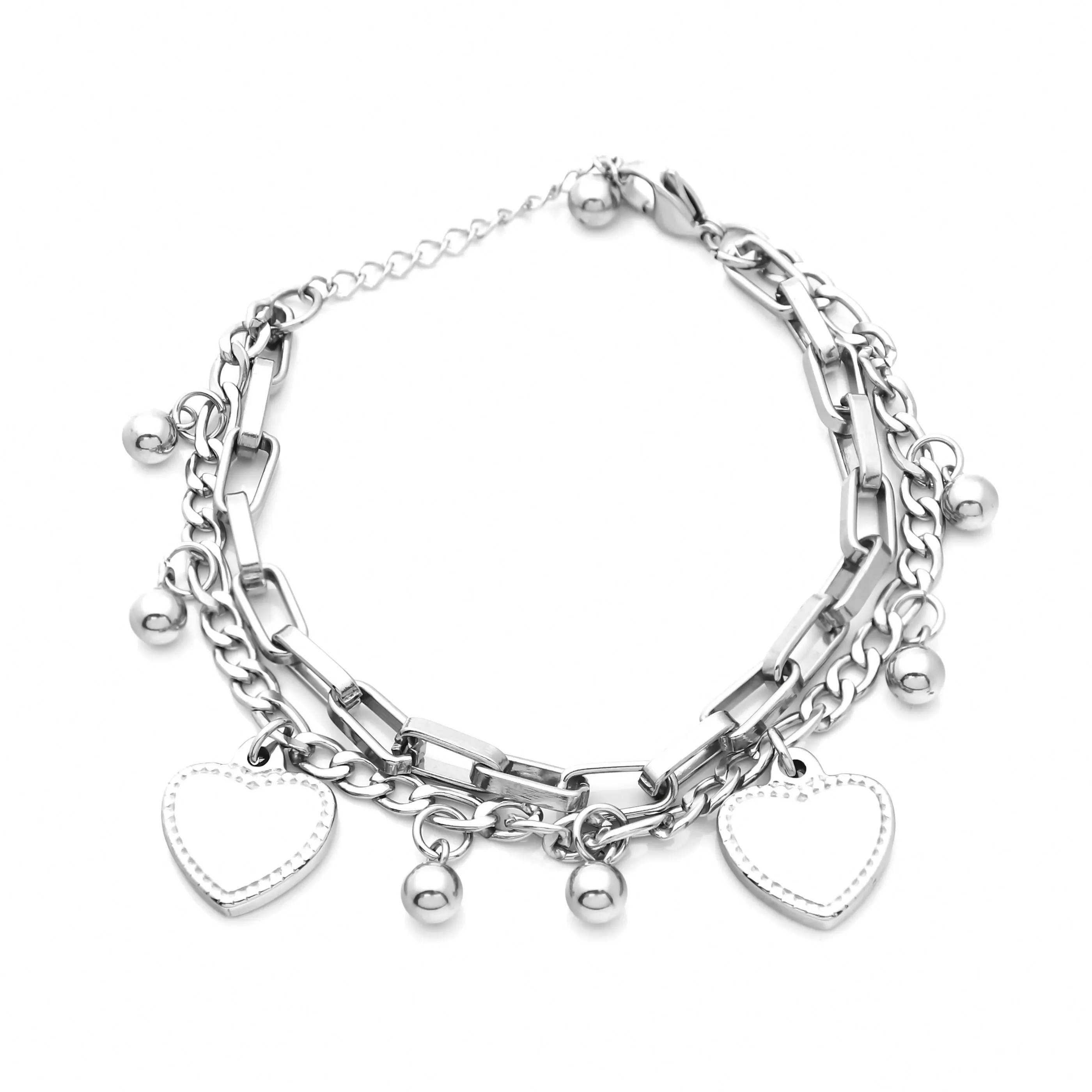 Double Layered Women's Bracelet with Dangle Heart Charms - Silver