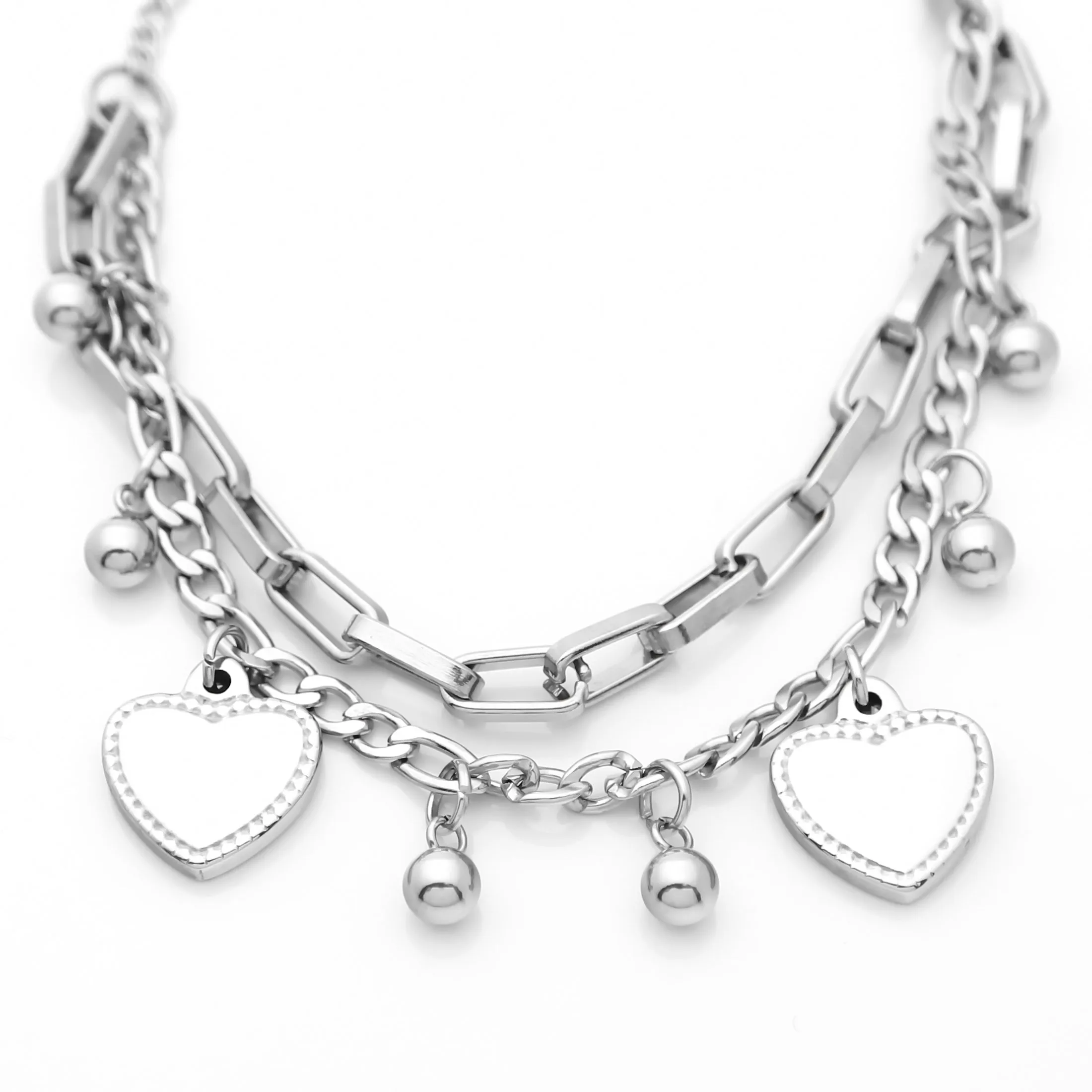 Double Layered Women's Bracelet with Dangle Heart Charms - Silver