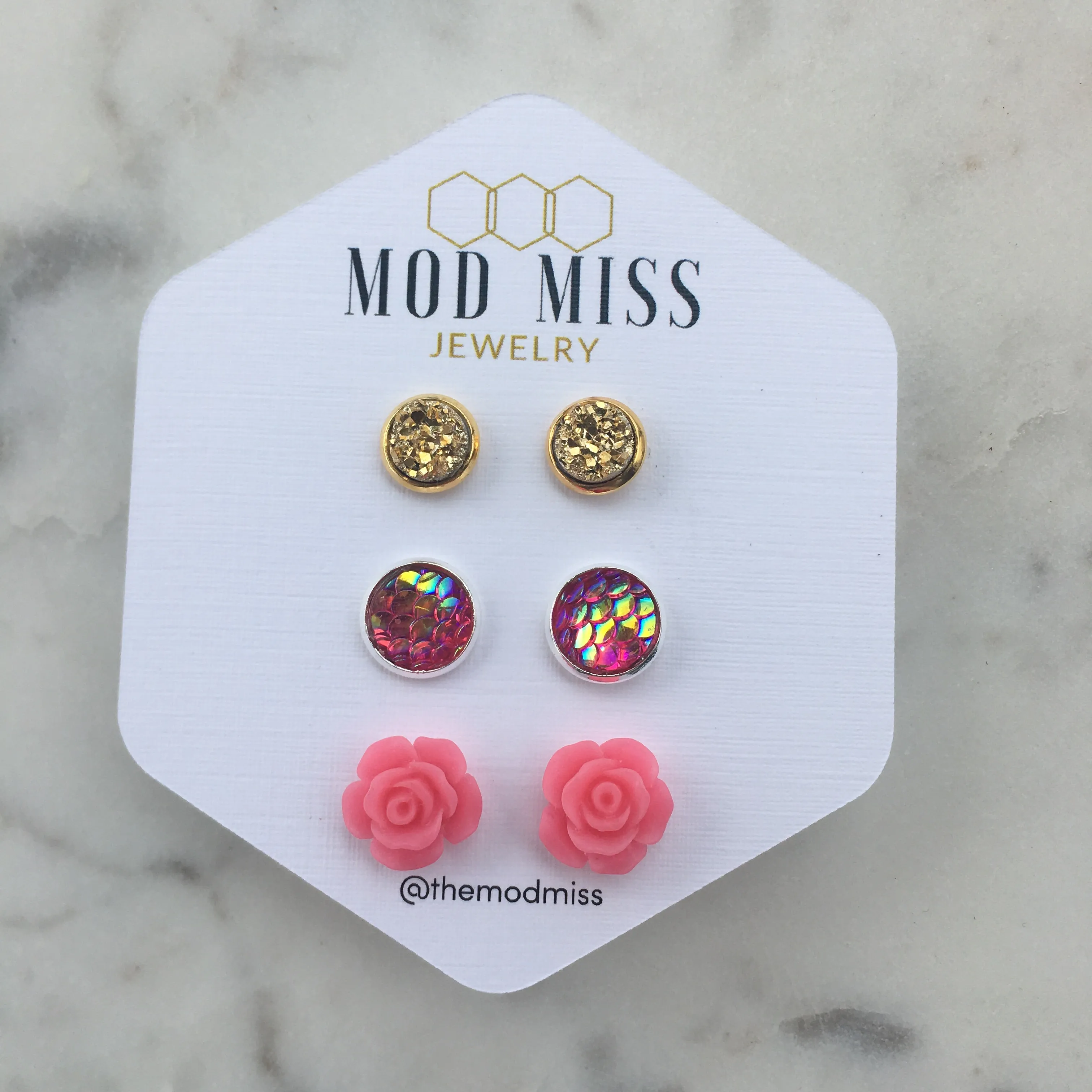 Druzy Stud Earring Set of 3 Gold 8mm, Fuchsia Pink Mermaid & Hot Pink Rose