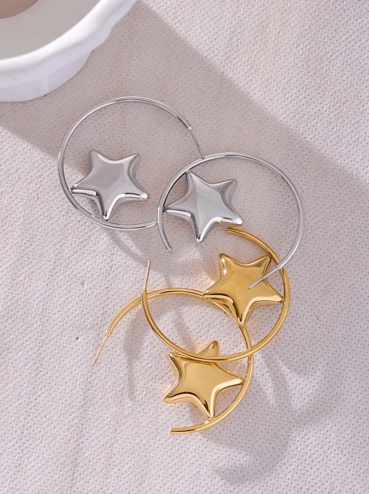 Earrings Charm Jewelry - Stainless Steel - Round Sleek Star - TSJ54