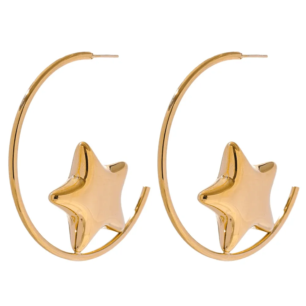 Earrings Charm Jewelry - Stainless Steel - Round Sleek Star - TSJ54