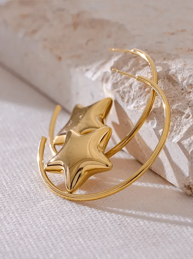 Earrings Charm Jewelry - Stainless Steel - Round Sleek Star - TSJ54