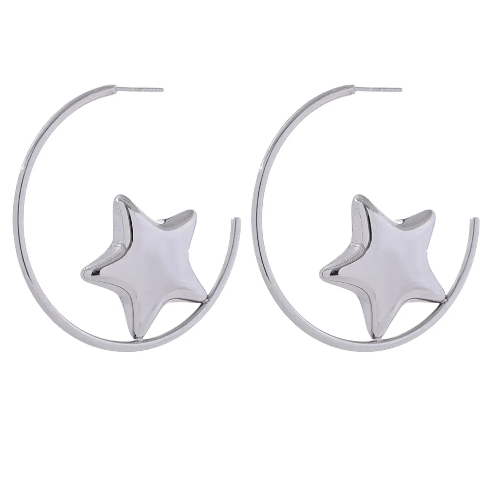 Earrings Charm Jewelry - Stainless Steel - Round Sleek Star - TSJ54