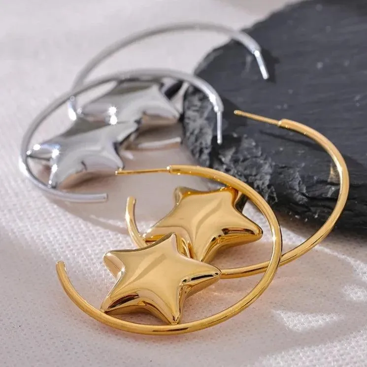 Earrings Charm Jewelry - Stainless Steel - Round Sleek Star - TSJ54