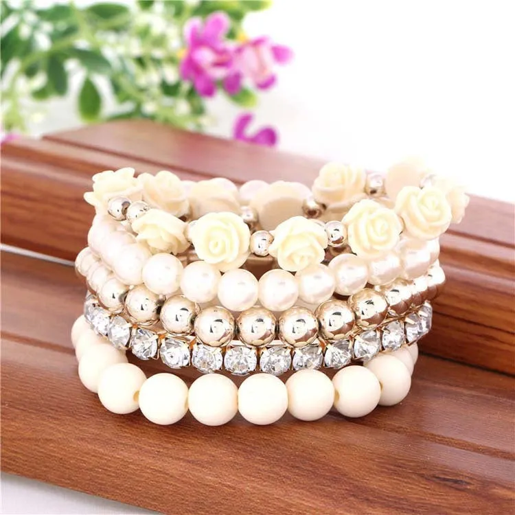 European Mix Beads Stretch Flower Temperament Bracelet