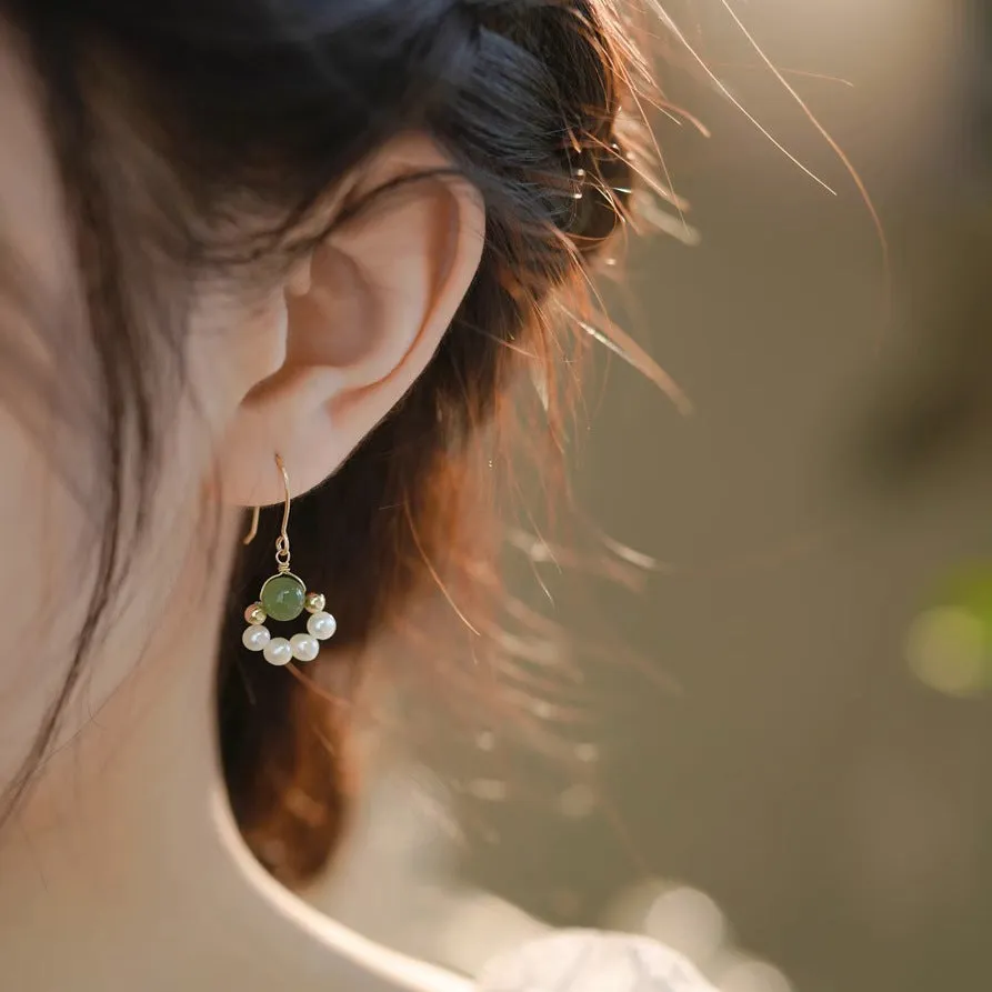 Exquisite Chinese Jade and Pearl Earrings with Sterling Silver Hooks