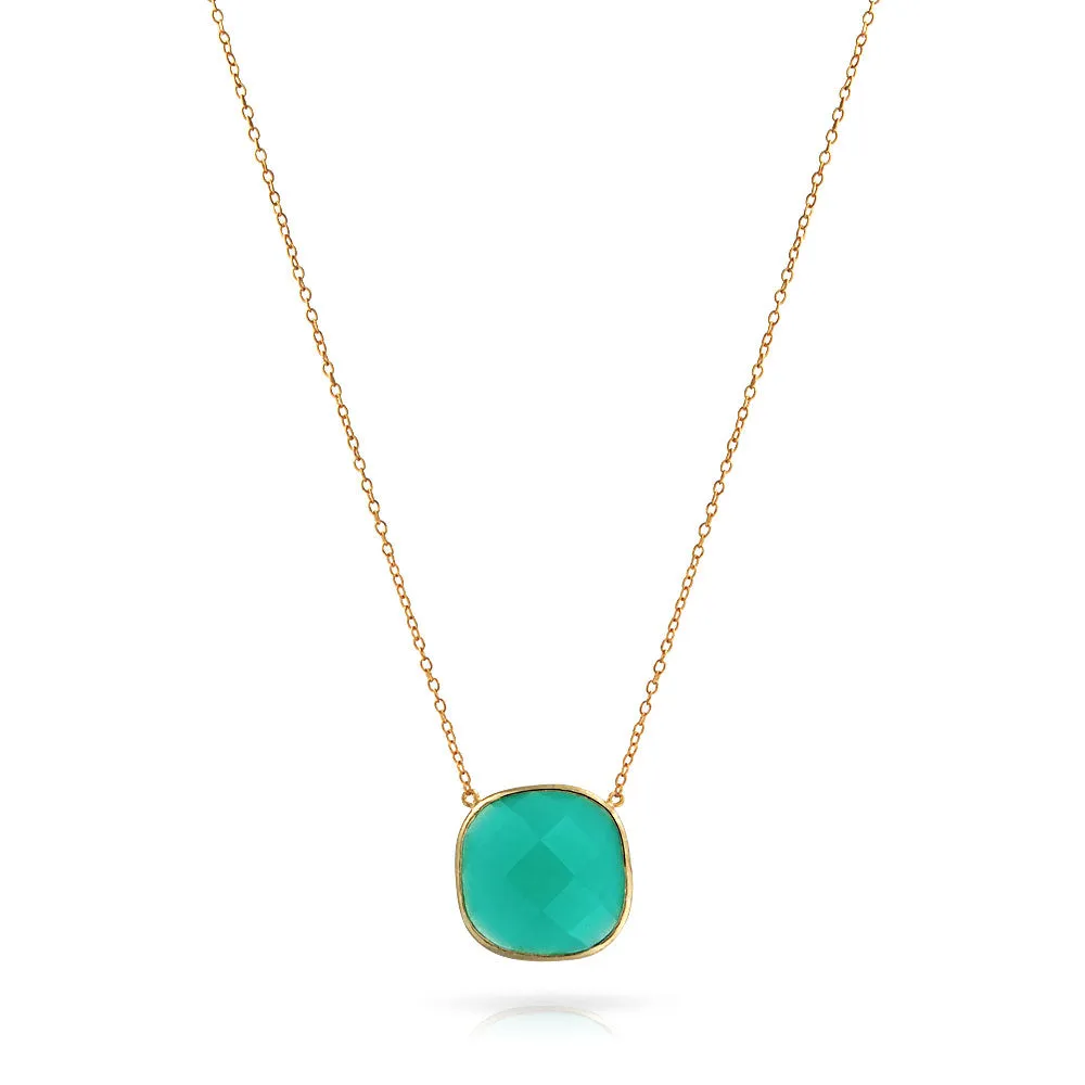 Exquisite Teal Blue-Green Faceted Stone Pendant Necklace 14K Gold-Plated Silver