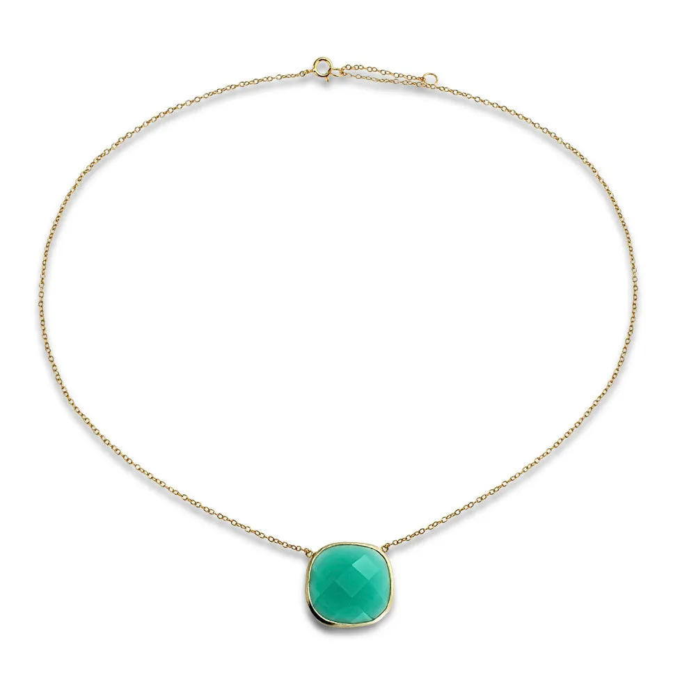 Exquisite Teal Blue-Green Faceted Stone Pendant Necklace 14K Gold-Plated Silver