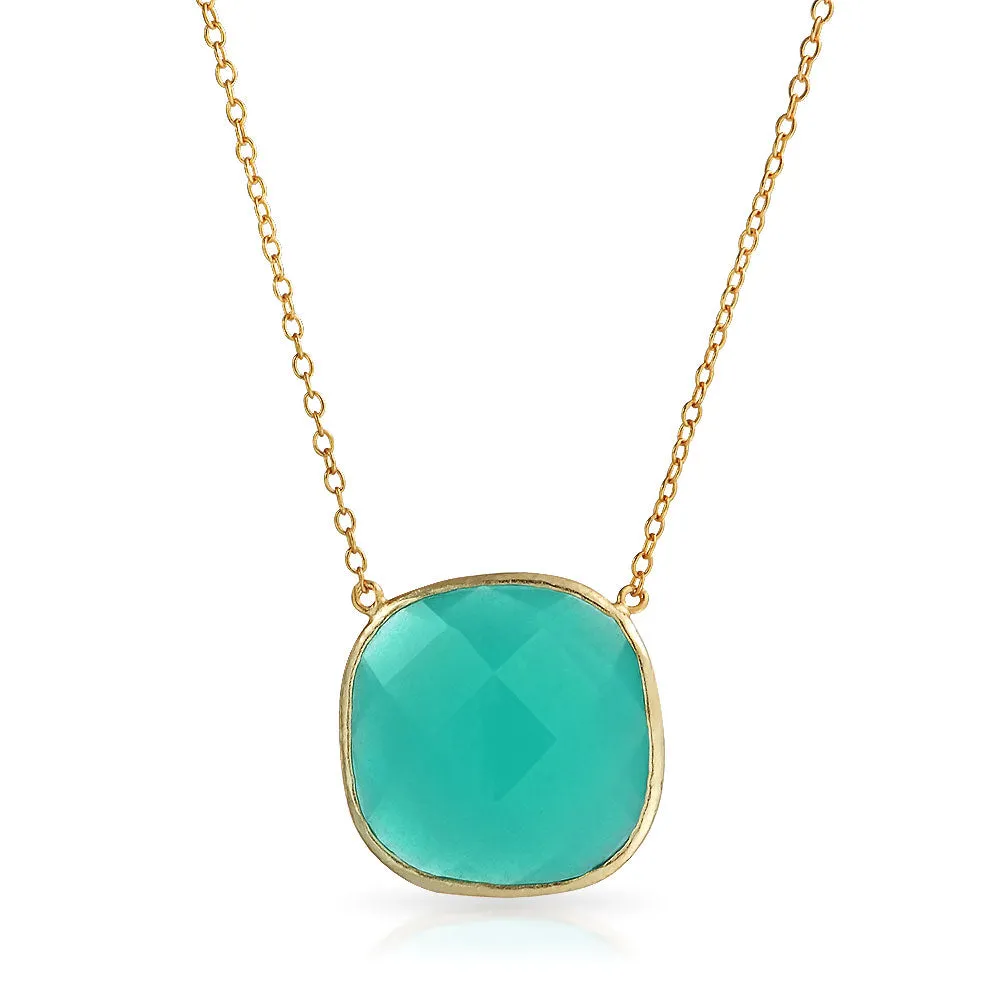 Exquisite Teal Blue-Green Faceted Stone Pendant Necklace 14K Gold-Plated Silver