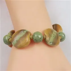 Fair Trade Bead Cuff Bracelet  in Tan and Light Green Kazuri Beads