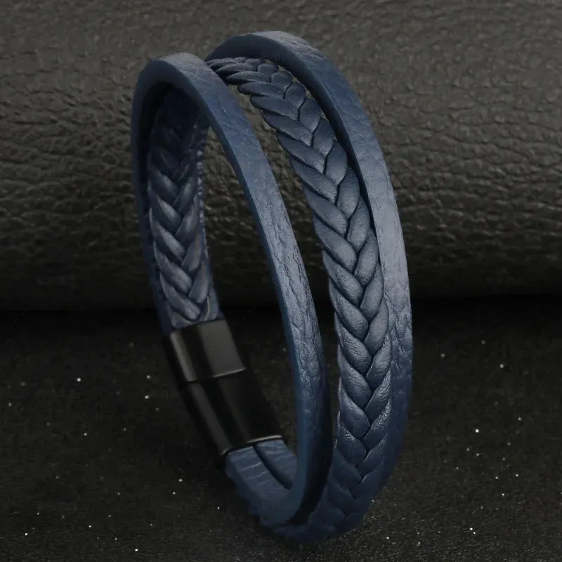 Fashion Genuine Leather Bracelets Men 4-Color Stainless Steel Multilayer Braided Rope Bracelet for Male Female Jewelry Gift 21CM