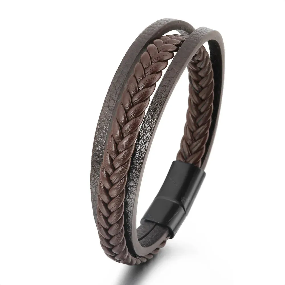 Fashion Genuine Leather Bracelets Men 4-Color Stainless Steel Multilayer Braided Rope Bracelet for Male Female Jewelry Gift 21CM