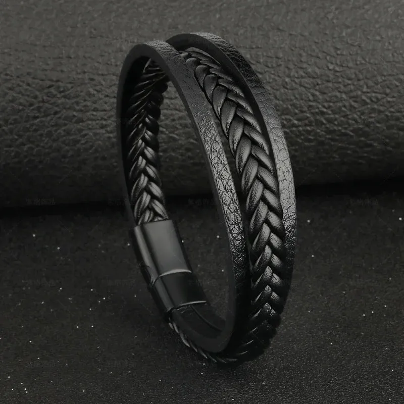 Fashion Genuine Leather Bracelets Men 4-Color Stainless Steel Multilayer Braided Rope Bracelet for Male Female Jewelry Gift 21CM