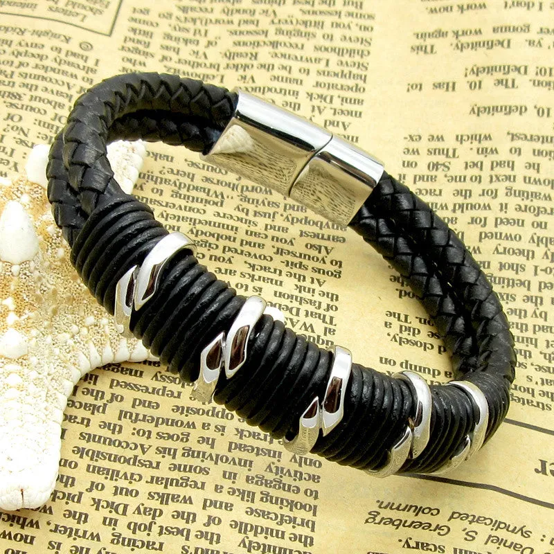 Fashion Handmade Vintage Bracelet British Style Stainless Steel Accessories Strap Genuine Leather Bracelet Punk Men Bracelets