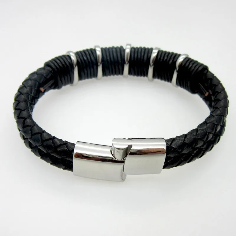 Fashion Handmade Vintage Bracelet British Style Stainless Steel Accessories Strap Genuine Leather Bracelet Punk Men Bracelets