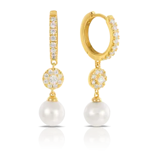 Freshwater Pearl and Cubic Zirconia Drop Earrings 9ct Yellow Gold