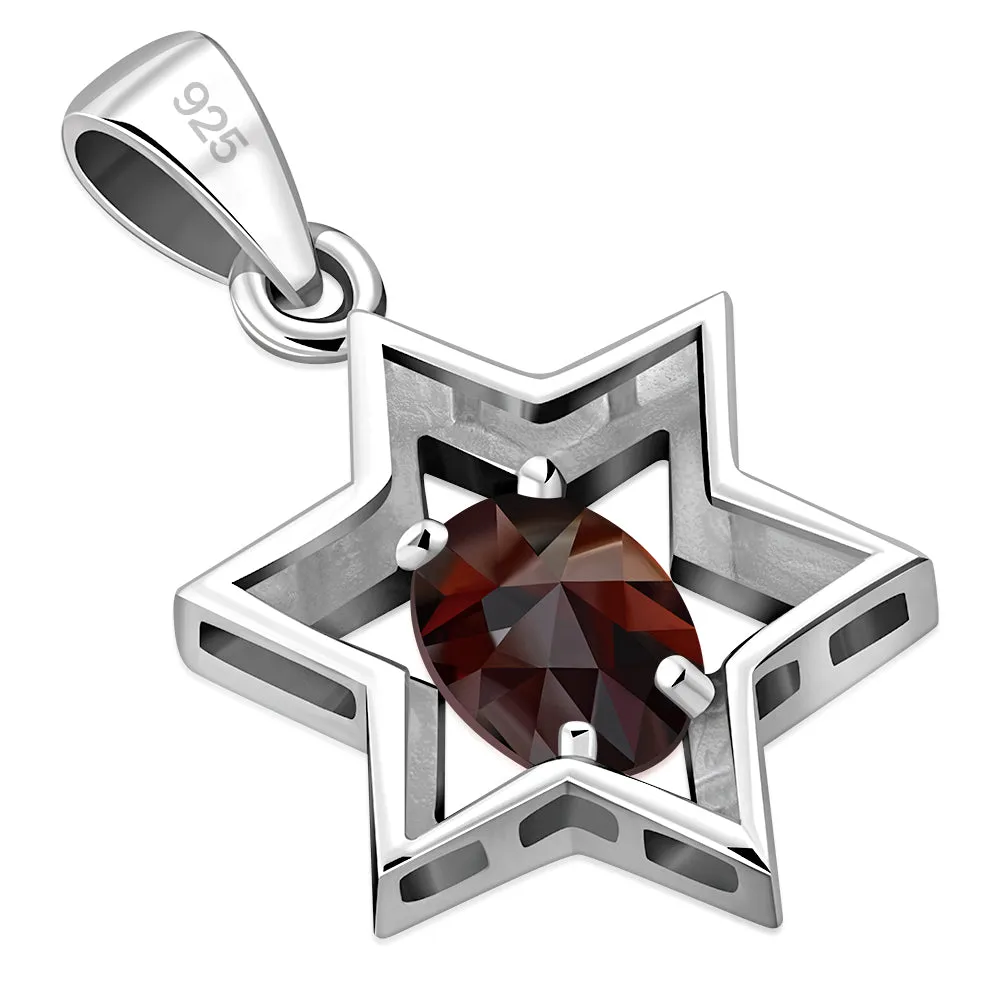 Garnet Stone Star of David Silver Pendant