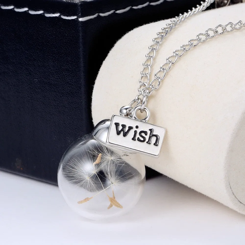 Glass bottle necklace Natural dandelion seed in glass long necklace Make A Wish Glass Bead Orb silver plated Necklace jewelry